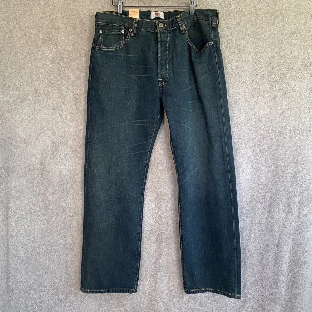 Levis Mens 501 Jeans 36x30 Dark Blue Denim Button Fly Straight Leg 100% Cotton